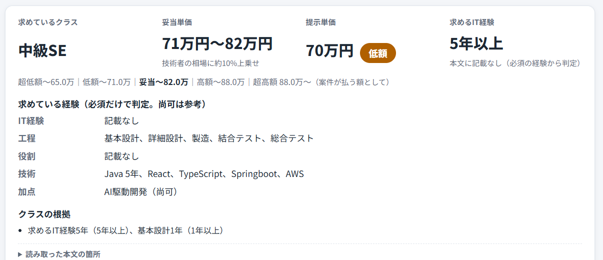 案件の解析の画面。求めているクラス・妥当単価・提示単価・求めるIT経験、求めている経験、クラスの根拠